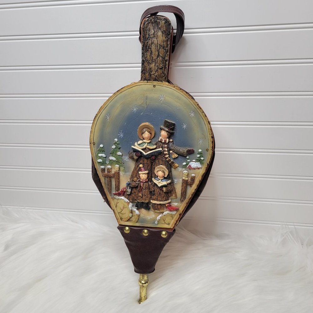 Vtg Fireplace Bellow 3D Carved Painted Christmas Carolers Brass Leather Bellow